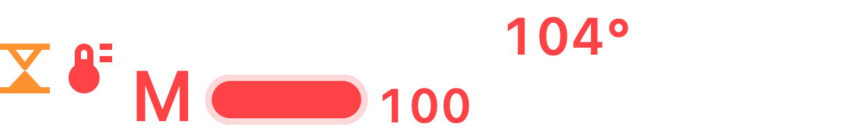 Menu bar item: an hourglass and a red thermometer, C 96, M 100 in red, 104° in red over 48°, battery 31% with 0:47 left.